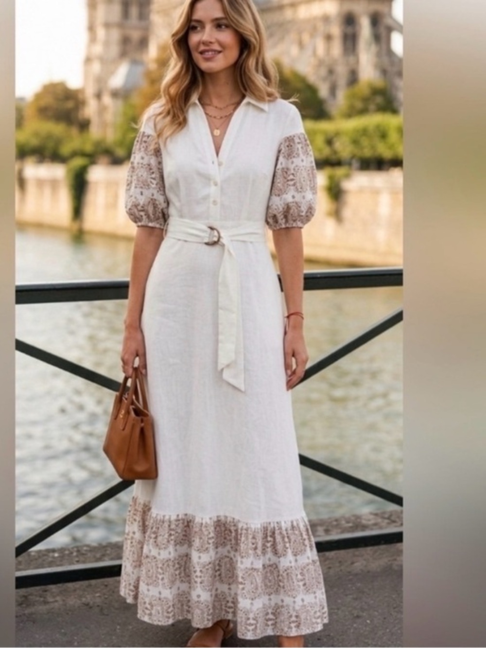 Solitaire XL Cream Linen Blend Embroidered Puff Sleeve Belted Boho Maxi Dress